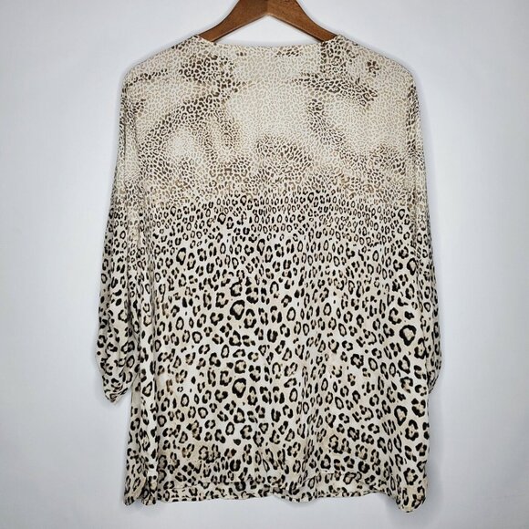 Chicos Womens Animal Print Zip Front Top Size 3 US XL V Neck 3/4 Sleeve Roll Tab - Picture 2 of 9
